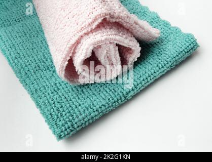 Close-up of two microfiber cleaning cloths, top view. Lying flat, a copy of the space Stock Photo