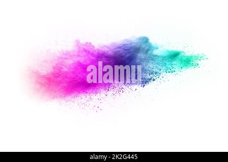 Abstract colorful powder splatted background. Colorful powder explosion on white background. Colored cloud. Colorful dust explode. Paint Holi. Stock Photo