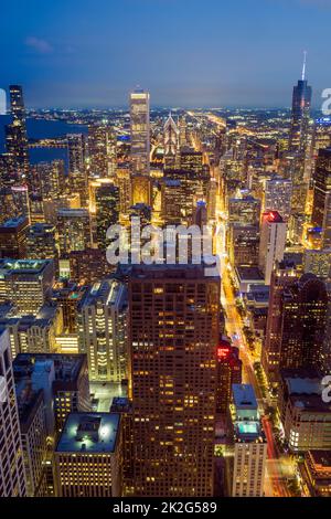Night aerial view of downtown skyline, Chicago, Illinois, USA Stock Photo