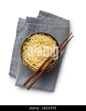 Instant noodles in bowl. Cooked chinese noodles isolated on white background. Stock Photo