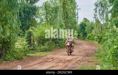 A farmer in a colourful shirt carries a bamboo tree trunk on his shoulder, while riding a motorcycle, taken at Sakon Nakhon, Thailand Stock Photo