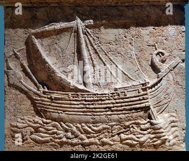 6034. Phoenician merchant ship, stone carving on a sarcophagus dating c. 1st. C. AD. Stock Photo