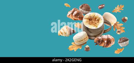 Cup of coffee, sweets and autumn leaves on blue background with space for text Stock Photo