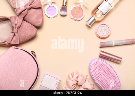 Frame made of female accessories and shoes on color background Stock Photo