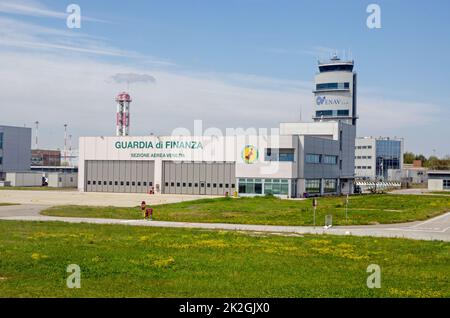 Venice, Italy - April 19, 2022:  Hangars and offices of the Aerial Section of Italy's Guardia di Finanza at Venice's Marco Polo Airport.  The Guardia Stock Photo