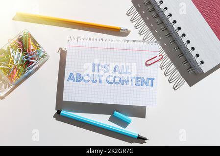 Text caption presenting It S Is All About Content. Word for Express thru Writing Information and Experience Stock Photo