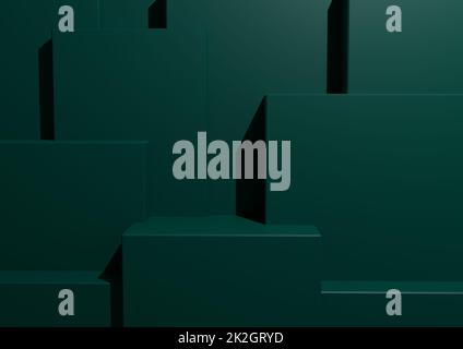 Minimal Dark Teal Background 3D Studio Mockup Scene with Podiums and Levels for Product Display and Presentation. Geometric Horizontal Architectural Wallpaper. Stock Photo