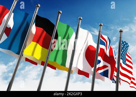 Waving G7 country flags on blue sky Stock Photo
