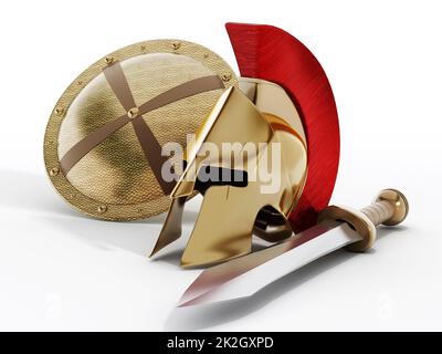 Ancient Greek helmet, shield and sword Stock Photo