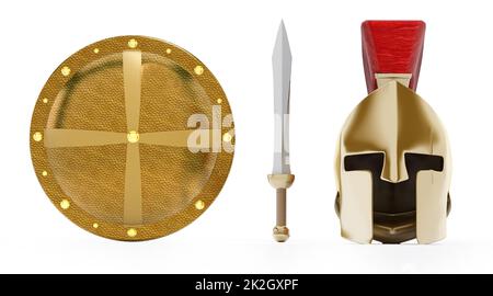 Ancient Greek helmet, shield and sword Stock Photo