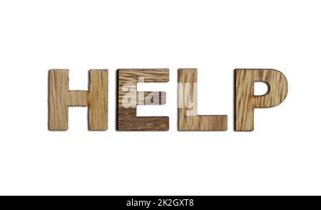 Help, word written in wooden alphabet letters isolated. Support and assistance to people Stock Photo