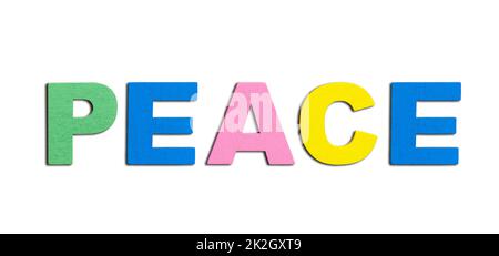 Peace, word written in colorful wooden alphabet letters Peace, word written in colorful wooden alphabet letters isolated. The concept of a terrible warThe concept of a terrible war Stock Photo