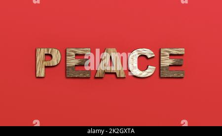 Peace, word written in colorful wooden alphabet letters on red background. The concept of a terrible war Stock Photo