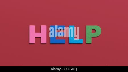 Help, word written in wooden alphabet letters on red background. Support and assistance to people Stock Photo