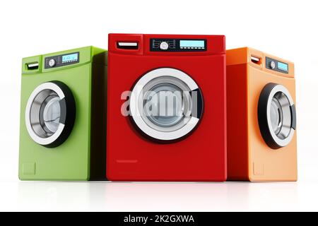 Multi colored washing machines isolated on white background. 3D ...