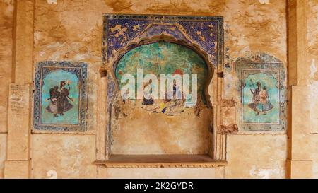 Miniature painting murals in Bundi Palace, Taragarh fort Bundi, Rajasthan, India. Stock Photo