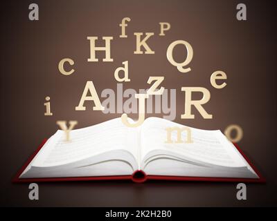 Open book with letters in the air Stock Photo