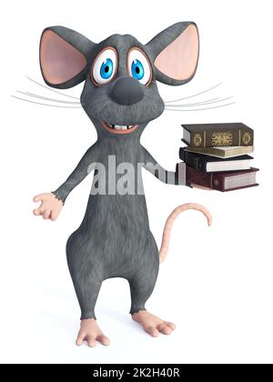 3D rendering of a cartoon mouse holding a pile of books. Stock Photo