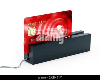 Red credit card on POS terminal. 3D illustration Stock Photo