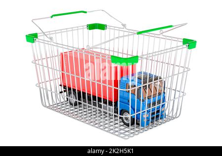 Container truck inside shopping basket, 3D rendering isolated on white background Stock Photo