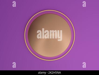 Bright purple, violet 3D rendering empty product display scene with cylinder podium or stand top view flat lay and golden line for luxury products minimal, simple background from above Stock Photo