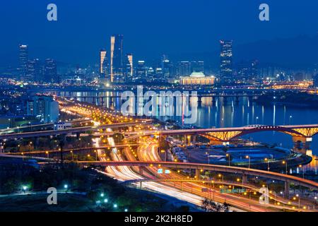 Seoul cityscape in twilight, South Korea. Stock Photo