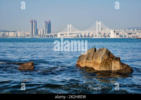 Gwangan Bridge and skyscrapers in Busan, South Korea Stock Photo