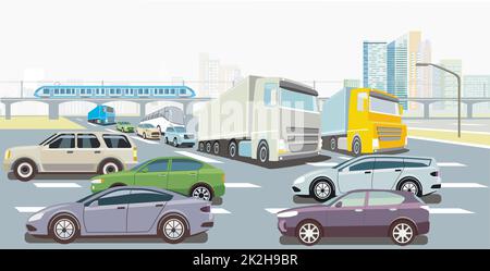 Cars on the road crossing, illustration Stock Photo