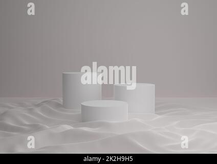 White and Gray Composition of Three Podiums or Stands for Product Display Placed on Fabric with Neutral, Simple, Minimal Background 3D rendering Stock Photo