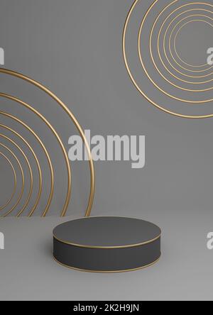 Dark graphite gray, black and white 3D rendering minimal product display luxury cylinder podium or product background abstract composition with golden lines and circles Stock Photo