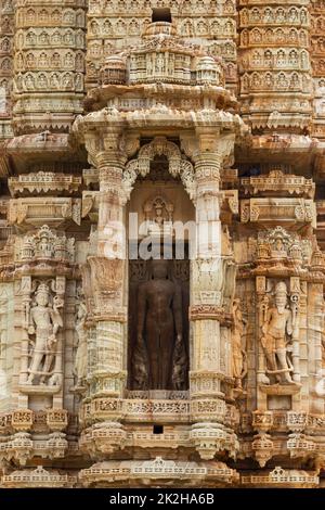 Sculpture of Mahavir Jain on the Kirti Stambh or Tower of Fame, built by a Jain merchant Jeeja Bhagerwala during the reign of Rawal Kumar Singh in c. Stock Photo