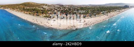 Izmir, Turkey - August 17, 2022: Aerial panoramic drone photo of the Ilica beach in summer Cesme Izmir Turkey Stock Photo