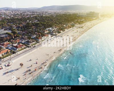 Izmir, Turkey - August 17, 2022: Aerial drone photo of the Ilica beach in summer Cesme Izmir Turkey Stock Photo
