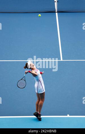 Tokyo, Japan. 23rd Sep, 2022. Veronika KUDERMETOVA serves against Beatriz HADDAD MAIA (BRA) during their Singles Quarterfinals match at the TORAY PAN PACIFIC OPEN TENNIS TOURNAMENT 2022 at Ariake Coliseum. The tournament is held from September 17 to 25. Stock Photo