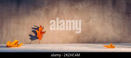Empty gray textured concrete stone podium background with copy space or product place with fallen autumn leaves on it Stock Photo