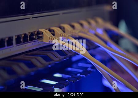 IT expert working with computer server network cable Stock Photo