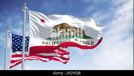 The California state flag waving along with the national flag of the United States of America Stock Photo