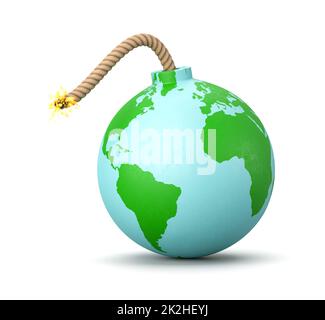 Earth in the form of a Cartoon Bomb with Lit Fuse on White Stock Photo