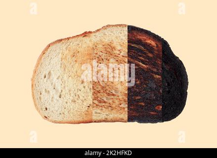 slice of bread with different stages of toasting from unroasted to completely burnt isolated on brown Stock Photo