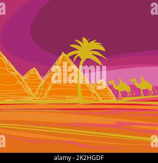 Bedouin camel caravan in wild africa landscape illustration Stock Photo