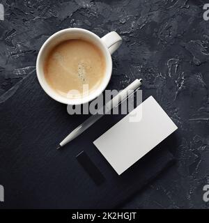 Business card, coffee, pen, flash drive Stock Photo