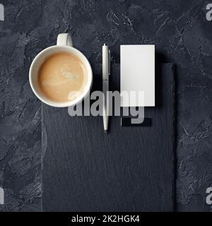 Business card, coffee, pen, flash drive Stock Photo