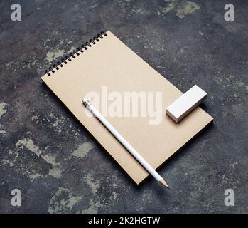 Kraft notepad, pencil and eraser Stock Photo