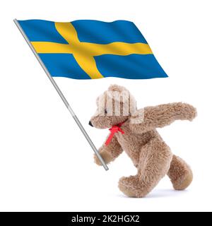 Sweden flag being carried by a cute teddy bear Stock Photo