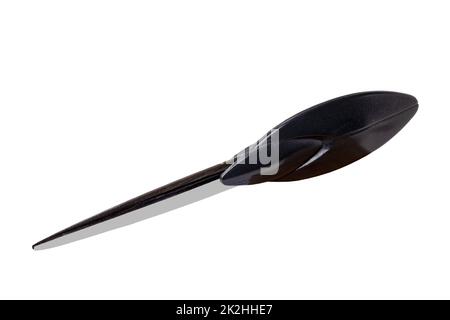 Closeup of a letter openers tool or a black knife designed for opening letter envelopes isolated on a white background. Clipping path. Macro. Stock Photo