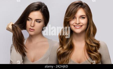 Result of makeover. Woman with a beautiful hair after dyeing and styling. Stock Photo
