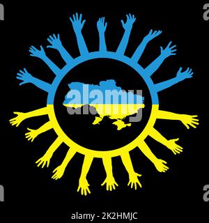 Help Ukraine concept with map of Ukraine and various hands raised asking for help Stock Photo