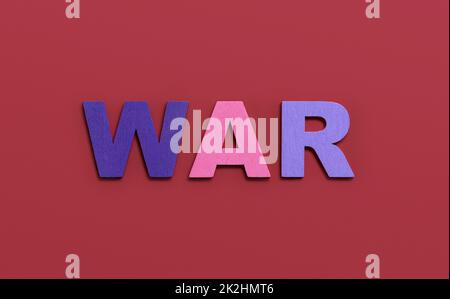WAR, word written in colorful wooden alphabet letters on red background. The concept of a terrible war Stock Photo