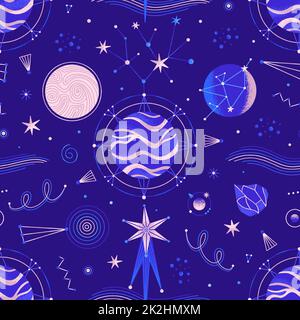 Mysterious space seamless patterns of planets, stars, other celestial bodies Stock Photo