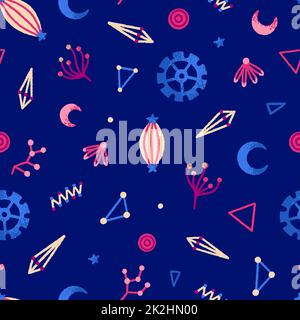 Vector abstract seamless pattern. Repeating background with flowers, crescent, gears and other decorative elements Stock Photo